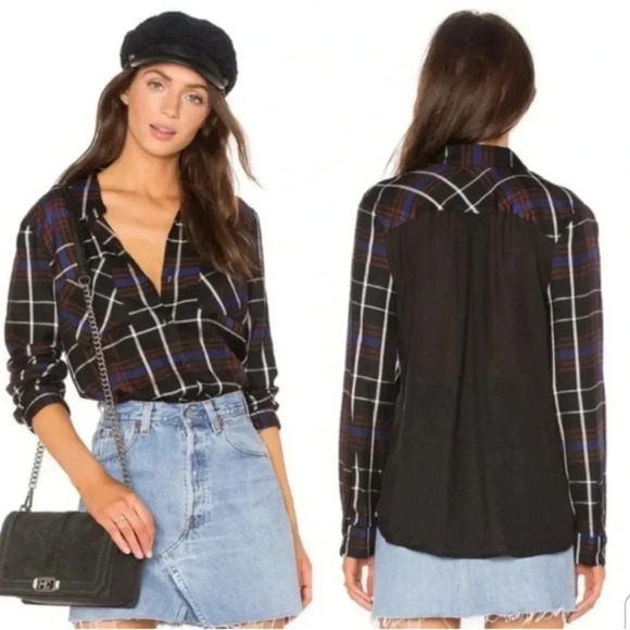 L'agence Denise Plaid Print Silk Contrast Back Button Up Flannel size XS - Picture 3 of 16